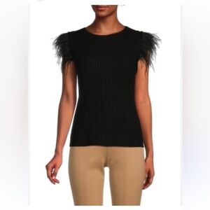 Sioni Feather Trim Ribbed Knit Top Sz M